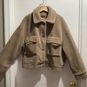 Zara Beige Faux Fur Shearling Y2K Preppy Minimalist Bomber Crop Jacket Coat L